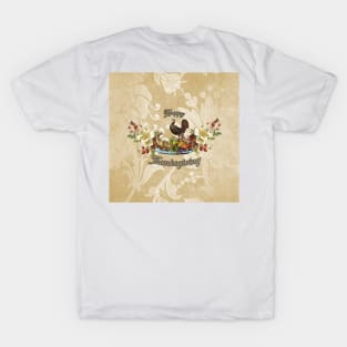 Happy Thanksgiving, with cute turkey, flowers and fruit T-Shirt